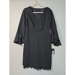 NWT Lauren Ralph‎ Lauren Black Crepe Bell Sleeve Dress V-Neck Knee-Length Size 8